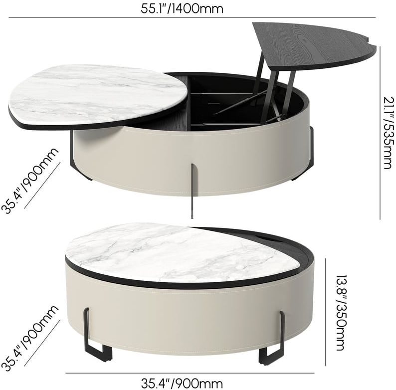 HMR - 35" White Faux Marble Leather Lift-Top Coffee Table