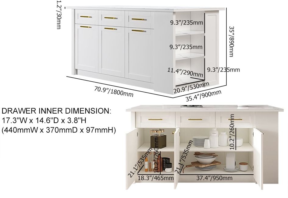 HMR 72" Modern Style Laminate Kitchen Islands with Multi-Storage - White, Sintered Stone