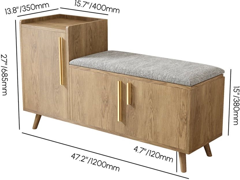 HMR 47" Shoe Storage Bench with 3 Doors & 5 Shelves - Walnut, Left Hand