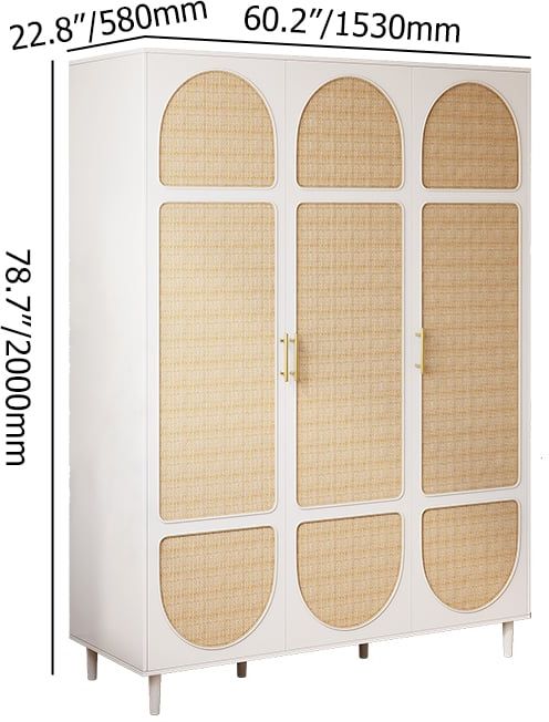 HMR - Rattan White 3 Door Bedroom Clothing Armoire Wardrobe with Shelves