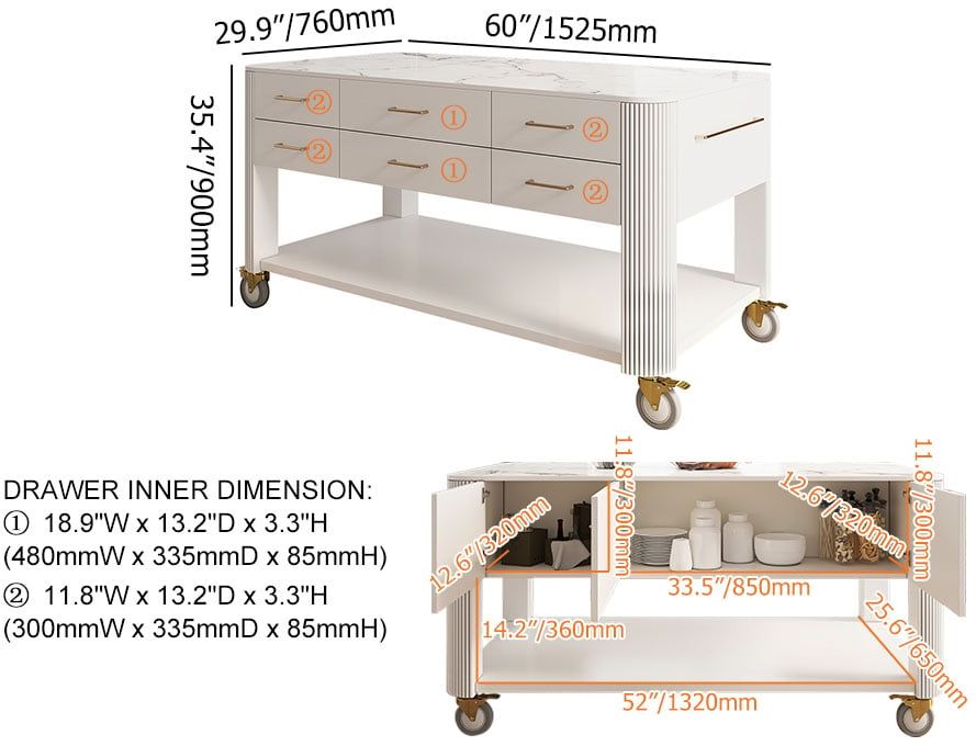 HMR - 60" White Kitchen Island with Wheels Modern Kitchen Cabinet Drawers&Doors&Shelf