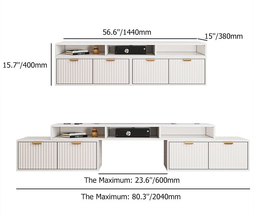 HMR - 56.6 Inch TV Stand White Corner Media Console Fluted with 2 Drawers & 5 Shelves