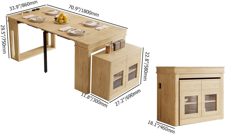 HMR 70.9" Rectangle Folding Wood Dining Table with Sideboard (Seats 2-4 People) - Natural