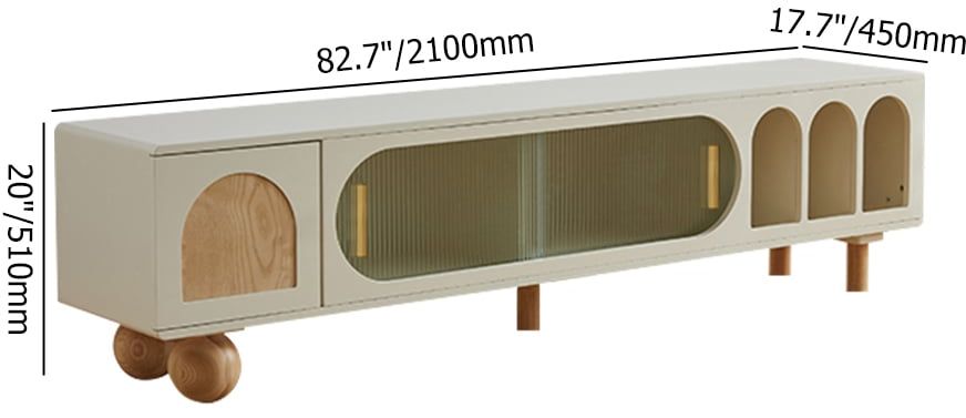 HMR - 82.7" Wood Off White Sliding Glass Door TV Stand with Arch Bookshelf & Natural Storage