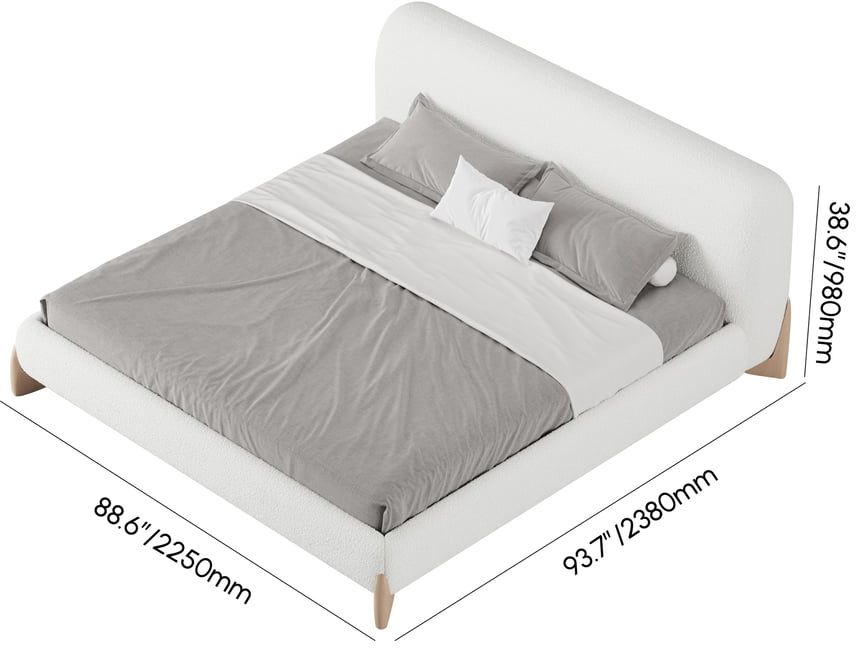 HMR Curva Boucle King Upholstered Platform Bed with Natural Legs - White, 76"W x 80"L, Natural