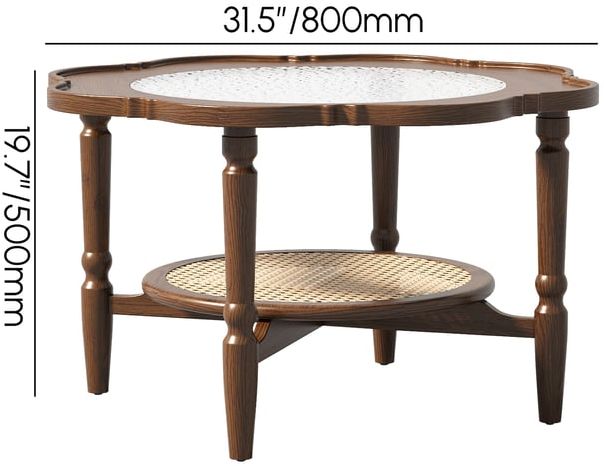 HMR - 31.5" Walnut Glass Top Wood Rattan 2-Tiered Coffee Table