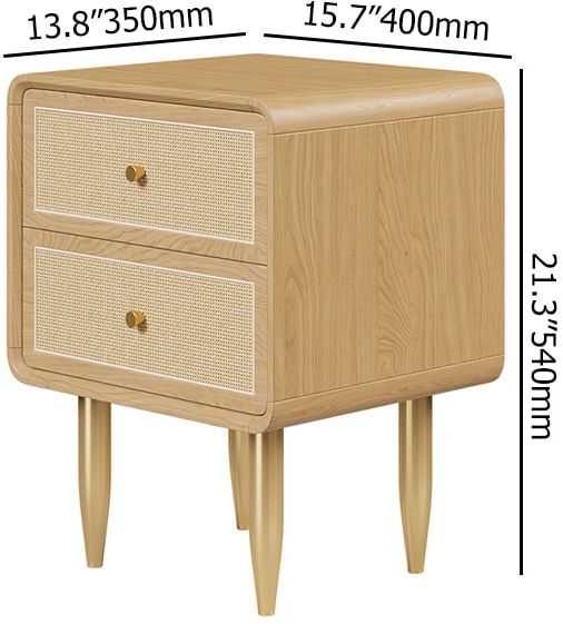 HMR - Tural Mid Century Modern Nightstand Ash Wood & Rattan Natural 2 Drawer Bedside Table