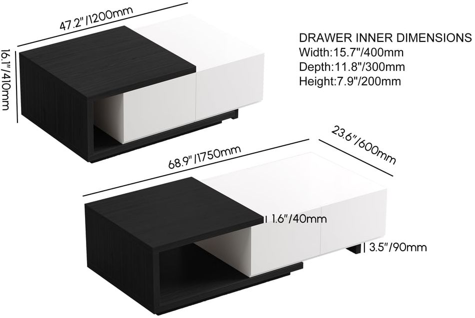 HMR Quoint Extendable Coffee Table with 2 Drawers (47"-69") - White & Black