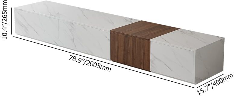 HMR - Vewal 78.9" Modern Wood Block TV Stand Marble & Walnut Veneer in White with 4 Drawers