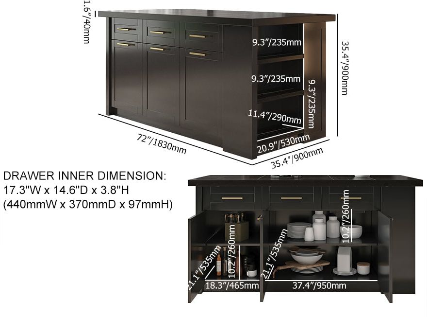 HMR 72" Modern Style Laminate Kitchen Islands with Multi-Storage - Black, Engineered Wood