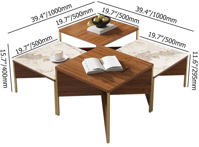 HMR - 39.4" Square Modern Sintered Stone Coffee Table Walnut Veneer Coffee Table in Gold Frame
