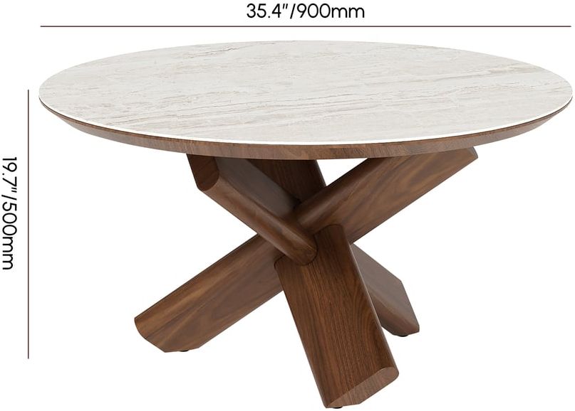 HMR - 35" Round Travertine Stone Top Solid Wood Coffee Table