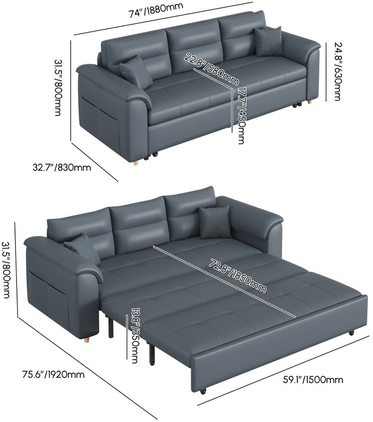 HMR Queen 2-Seater Sleeper Sofa - Deep Gray, Leath-aire