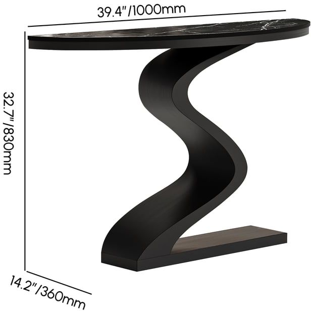 HMR Modern 39.4" Curved Console Table with Sintered Stone Top Half Moon Shape - Black