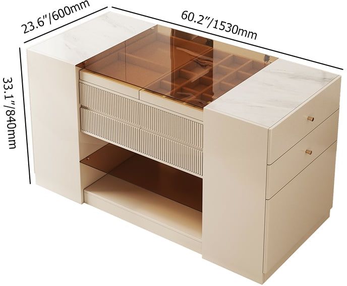 HMR 60" Glass Top Dresser Walk-in Closet Island with Jewelry Storage - Off-White