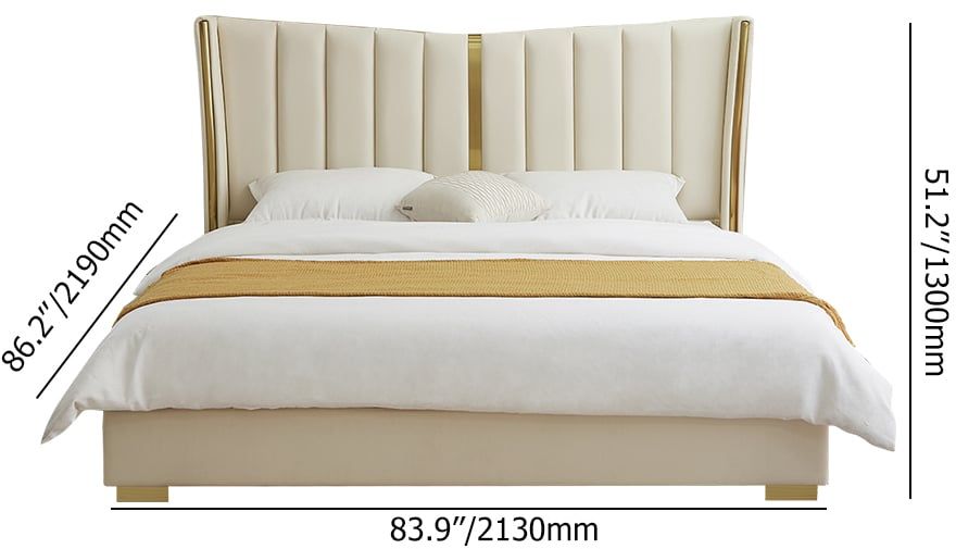 HMR - Modern Beige King Size Bed Wingback Headboard Leather Upholstery & Gold Stainless Steel
