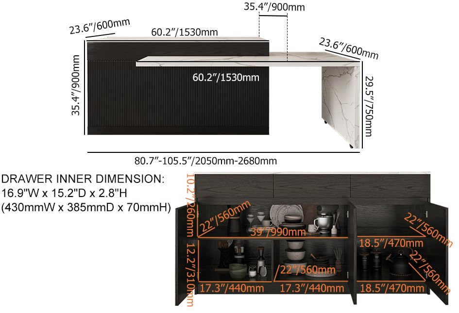 HMR 82''-106" Extendable Kitchen lsland with Doors&Drawers - Black, Engineered Wood, Right-Hand Facing