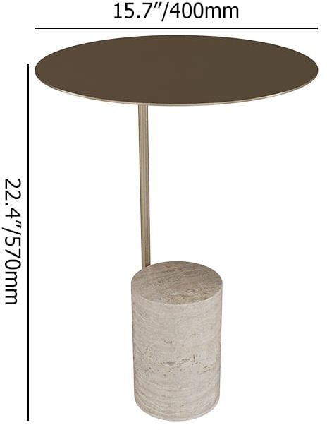 HMR - Beige Modern Stone Travertine Side Table with Stainless Steel in Gold Frame