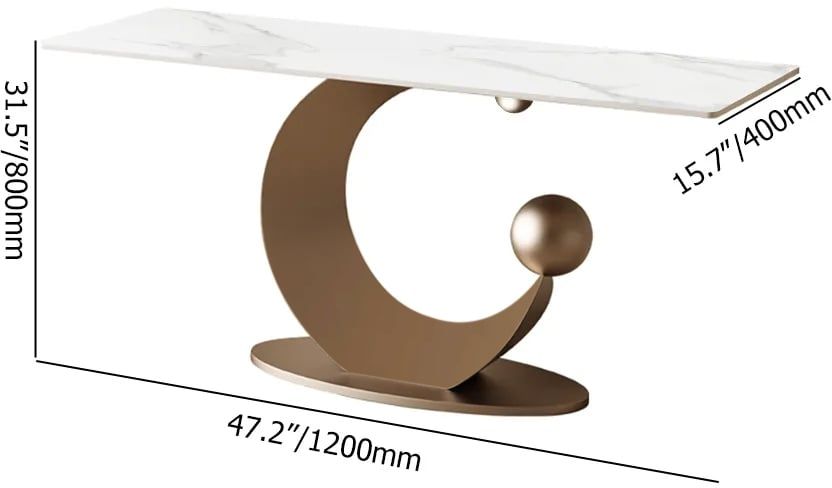 HMR - 47" Narrow Console Table White Sintered Stone Top & Half-Moon Carbon Steel Base