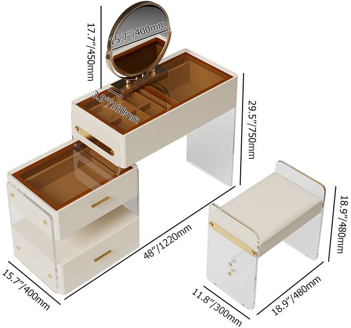 HMR - White Floating Extendable Makeup Vanity Set Acrylic with Removable Mirror & Stool