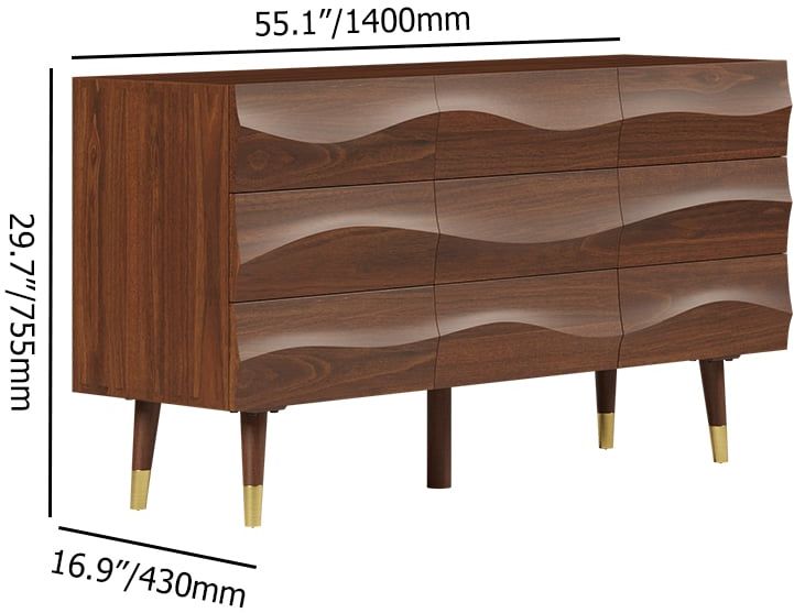 HMR - Lake 55" Mid Century Modern Walnut Wooden Dresser with 9 Drawers