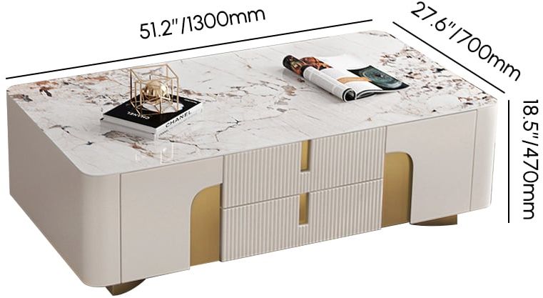 HMR - Artus Modern Beige Rectangle Large Coffee Table Drawers Sintered Stone Gold Base