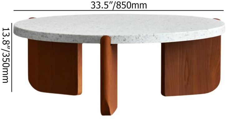 HMR - 34" White Round Terrazzo Coffee Table with Pine Wood Legs in Walnut