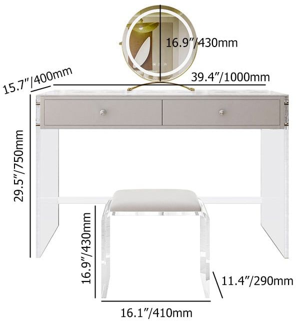 HMR - Modern Acrylic Floating Makeup Vanity Set with LED Lighted Standing Mirror & Stool