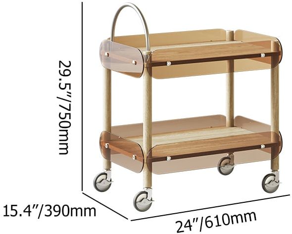 HMR - Wooden Natural Rolling 2-Tier Bar Cart on Wheel with Stainless Steel Handle Glass