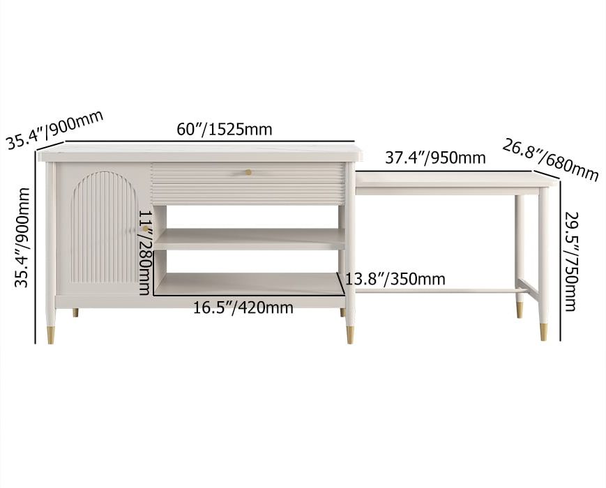 HMR - Modern 60" Extendable White Kitchen Island with Storage Faux Marble Kitchen Cabinet