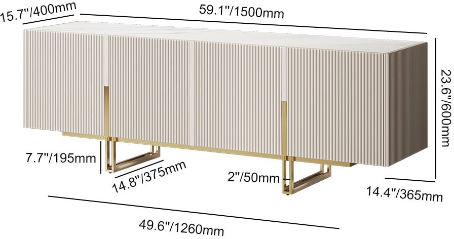 HMR Grovyn Sintered Stone Top Fluted TV Stand with Storage - Off White, 59.1"W x 15.7"D x 23.6"H, Without Fireplace