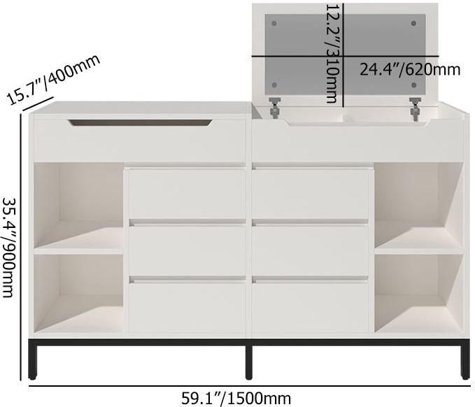 HMR - 8 Drawer 59" Modern White Double Dresser Wide Cabinet with Flip-Top Mirror & Shelves