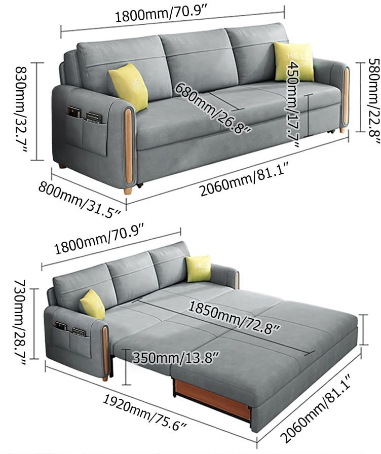 HMR 81" King 3-Seater Leath-aire Sleeper Sofa - Light Gray