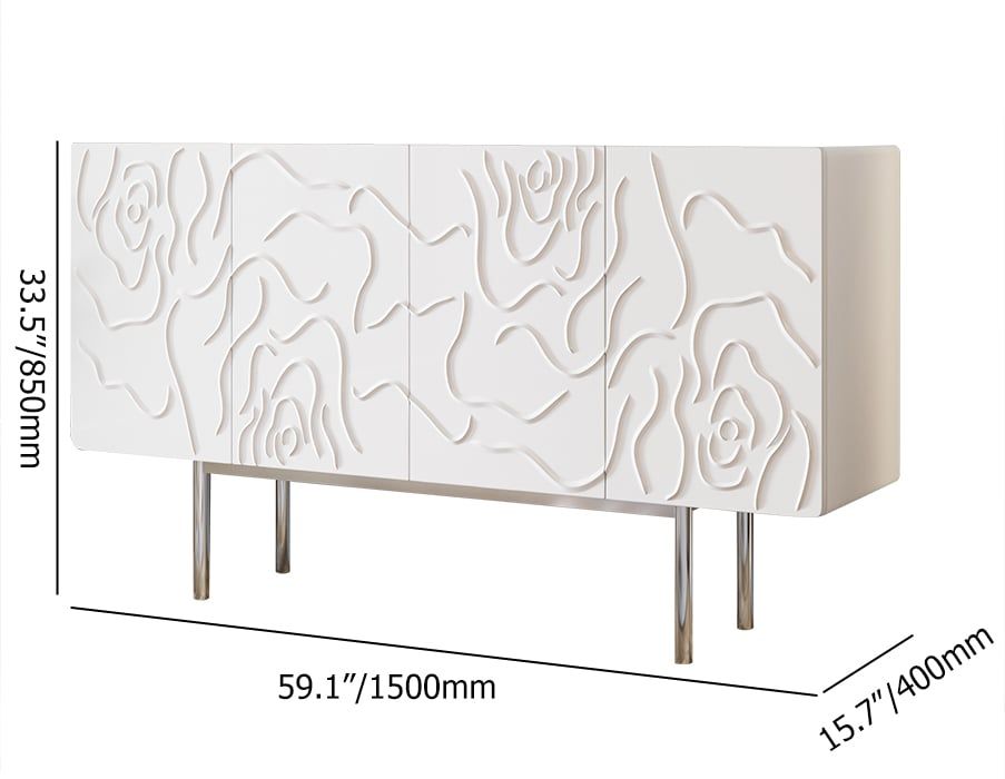 HMR - 59" White Sideboard Buffet with Doors Modern Carved Credenza Adjustable Shelves