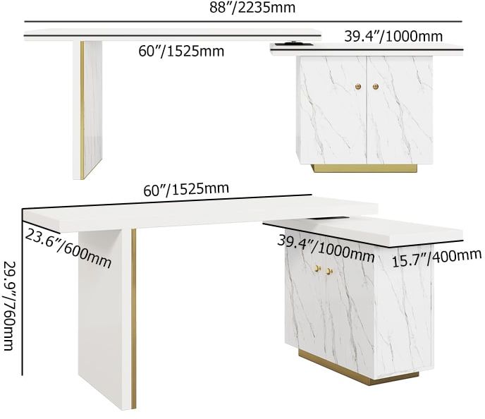 HMR - 88" Modern White L-Shape Writing Desk with Side Cabinet Wood Office Desk Gold Finish