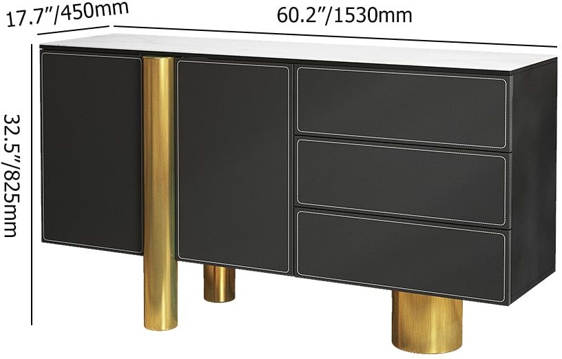 HMR - 60" White Storage Sideboard Buffet Sintered Stone Top Black Faux Leather Cabinet