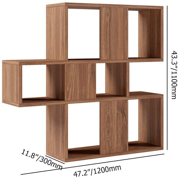 HMR - Modern 3-Tier Geometric Horizontal Bookcase Walnut Wood Bookshelf Storage Display Shelf