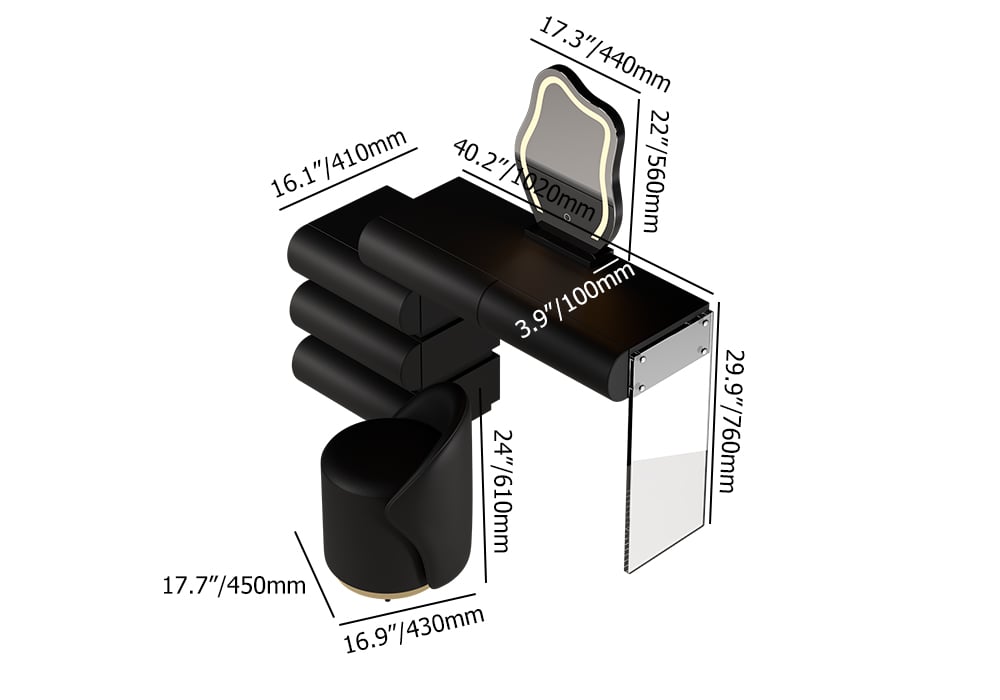 HMR Humply Makeup Vanity Set - Black, With Nightstand, 2 Drawers