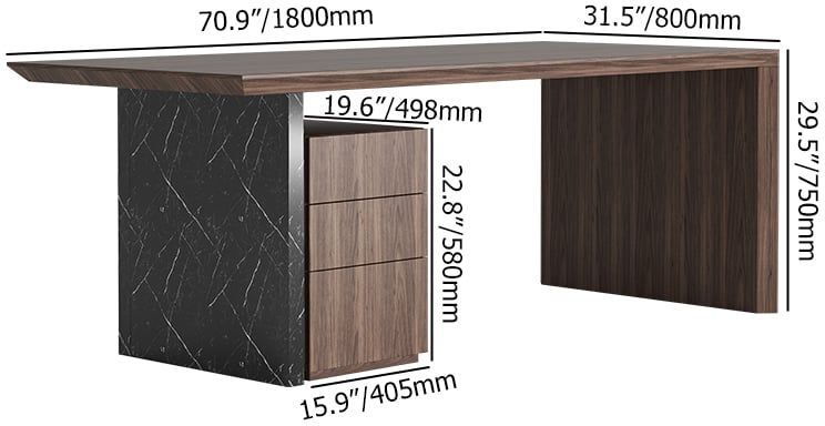 HMR Modern Home Office Desk with Movable File Cabinet - Black/Walnut, 70.9"
