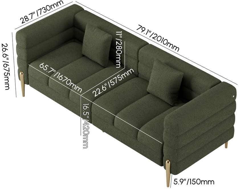 HMR Aurora 79" Fluted Sofa with Gold Legs & Pillows - Green, Boucle