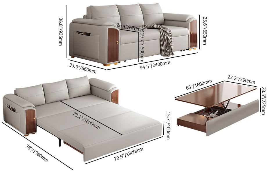 HMR - 94.5" Gray Pull Out Sofa Bed Convertible Leath-Aire Sleeper with Lift-top Coffee Table