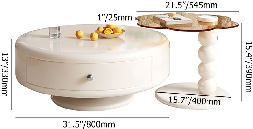 HMR - Modern Off-white Rotatable Coffee Tables 2-Piece Tea Glass Side Table with 2 Drawers