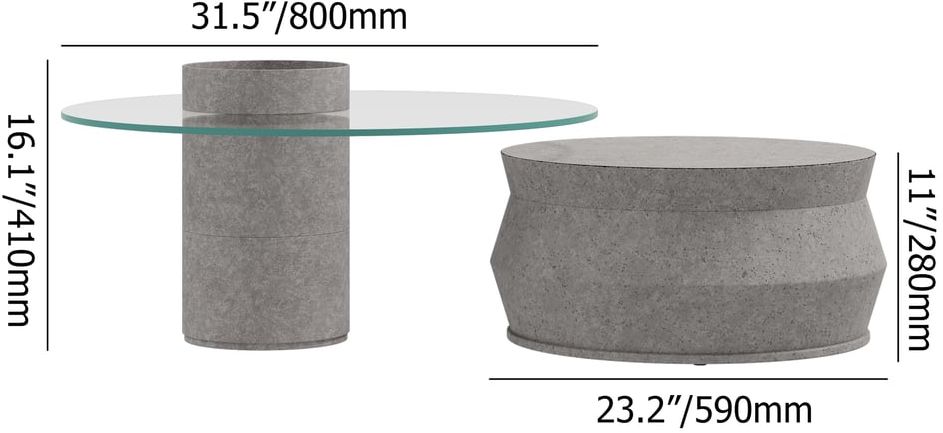 HMR - Set of 2 Round Nesting Coffee Table Set Glass Modern Concrete Gray Drum Coffee Table