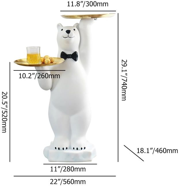 HMR - Modern White Bear Side Table Resin Tiered Tray Top End Table in Gold