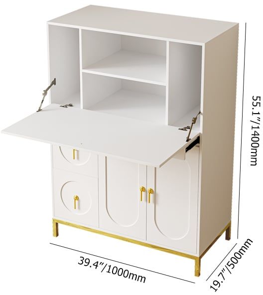HMR - 39.4" Modern White & Gold Secretary Desk with 3 Drawers and 3 Doors Flip Design