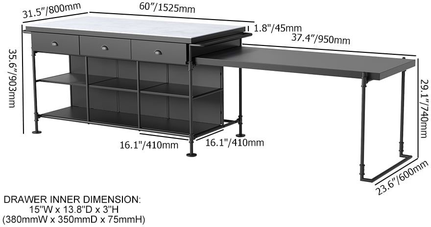 HMR - 60" Industrial Extendable Faux Marble Kitchen Islands Black with 3-Drawer