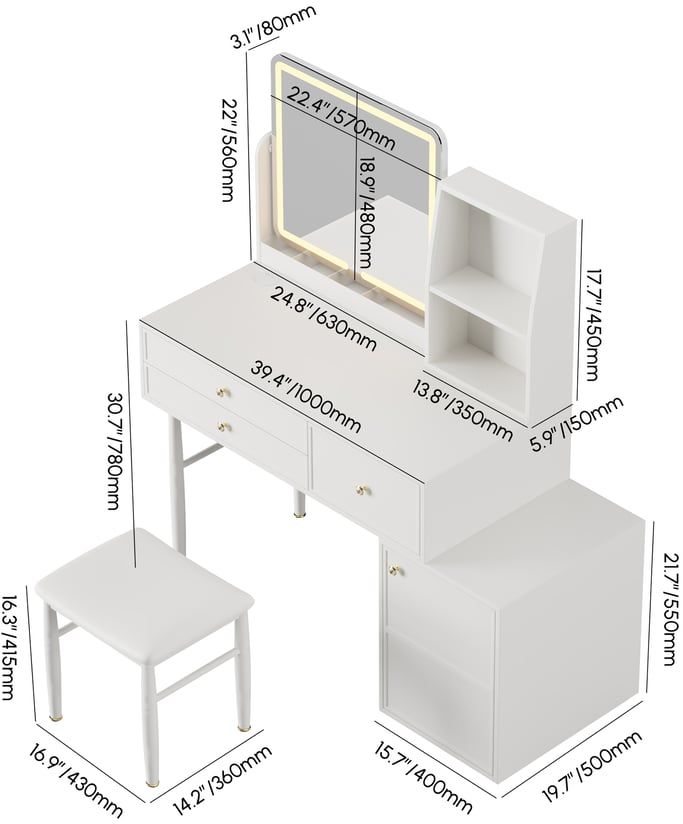 HMR - 39" White Leather Makeup Vanity Set with Charger Led Mirror