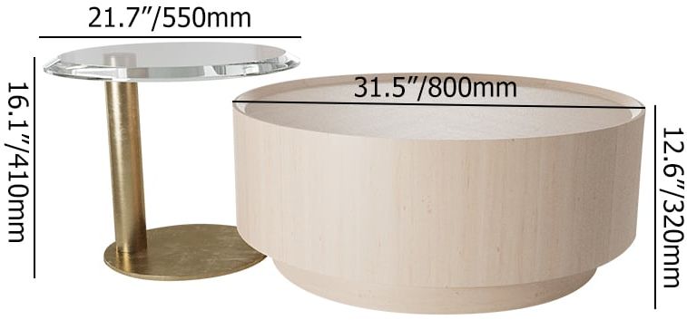 HMR - Set of 2 Round Nesting Coffee Table Set White Oak with 2 Drawers in White & Clear & Gold
