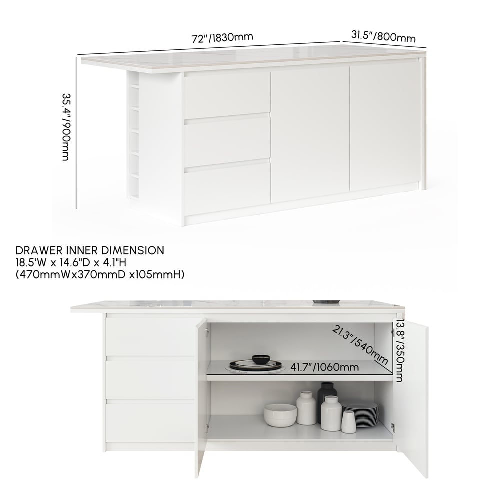 HMR Kitchen Island with Storage - White, 72“/1830mm, Sintered Stone