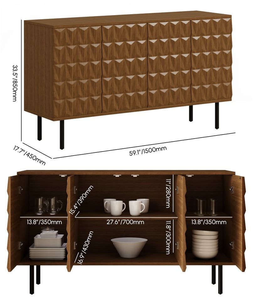 HMR - 59'' Walnut Wood Sideboard Cabinet For Dining Room